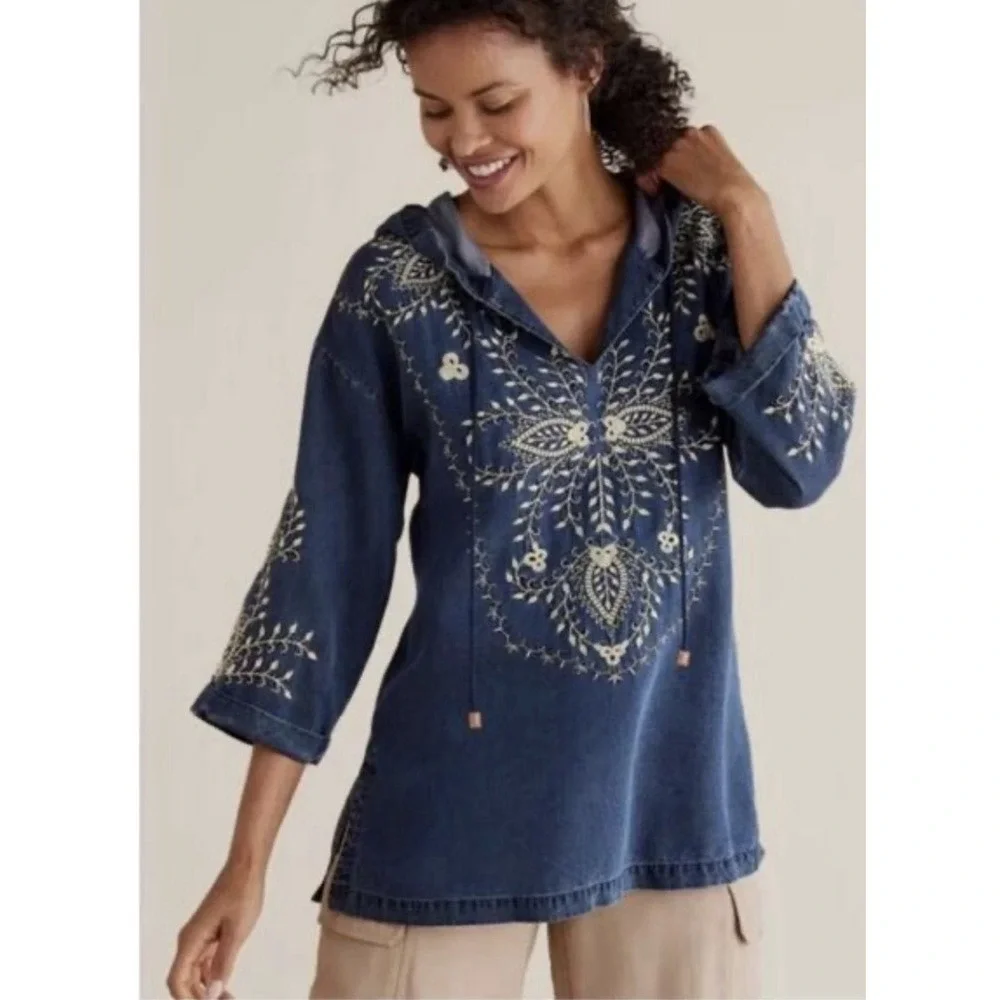 NWT Soft Surroundings Regio Hooded Denim Tunic Top XL Embroidered Boho Spring - Picture 3 of 9